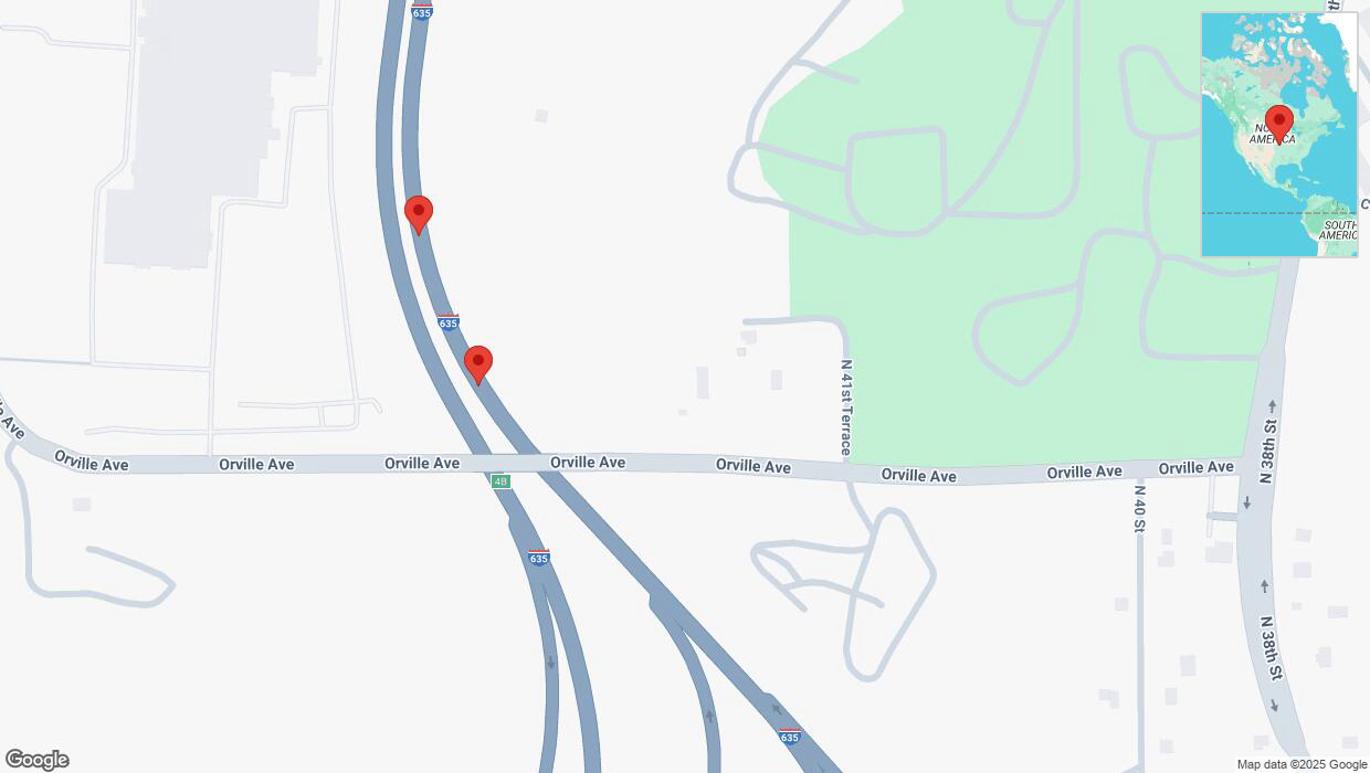 A detailed map that shows the affected road due to 'Warning: Crash on northbound I-635 in Kansas City' on April 9th at 5:48 p.m.