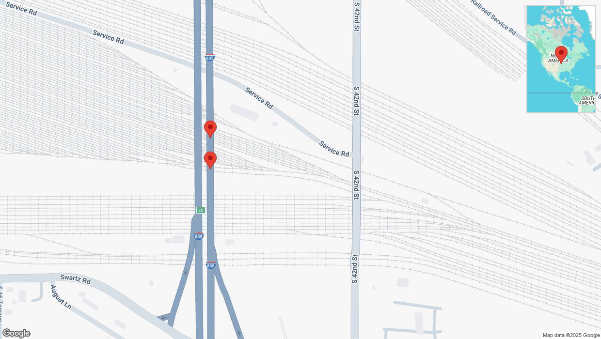 A detailed map that shows the affected road due to 'Broken down vehicle on northbound I-635 in Kansas City' on April 9th at 9:34 p.m.