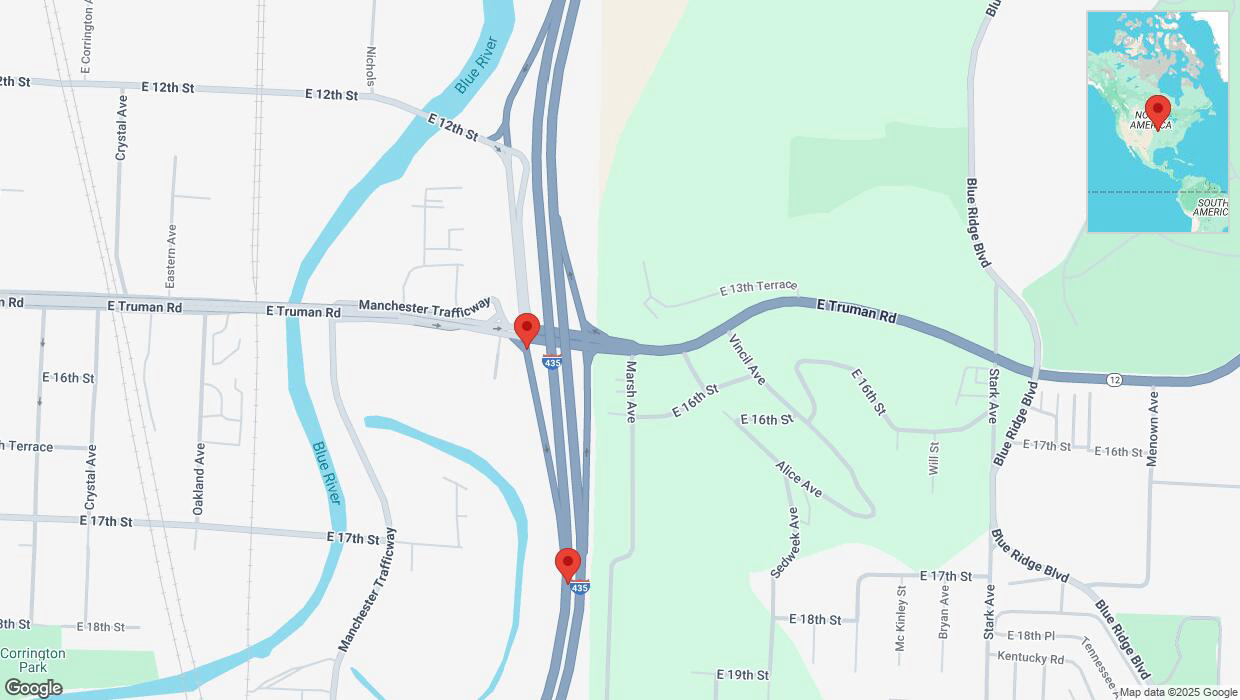 A detailed map that shows the affected road due to 'Broken down vehicle on Missouri 12 in Kansas City' on April 9th at 11:18 p.m.