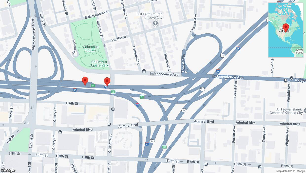 A detailed map that shows the affected road due to 'Broken down vehicle on westbound I-35 in Kansas City' on April 10th at 7:55 p.m.