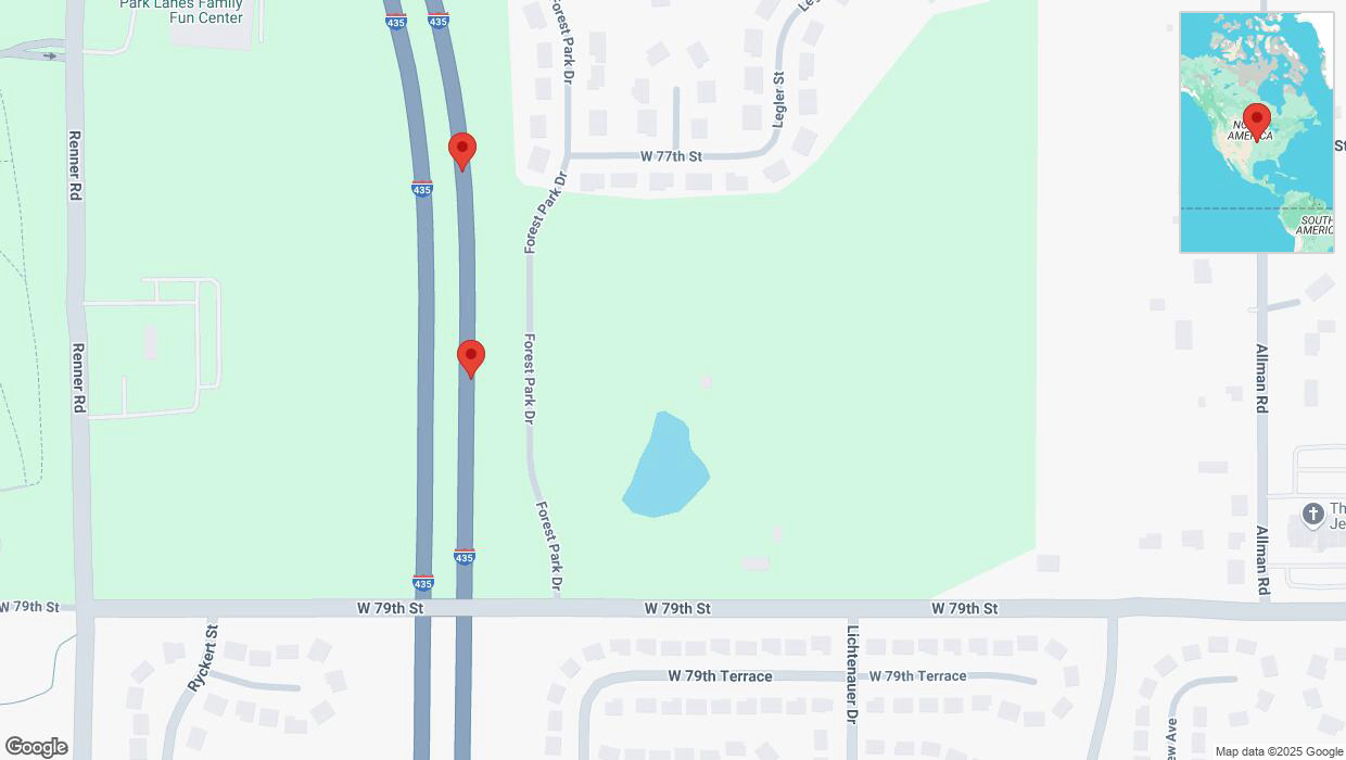A detailed map that shows the affected road due to 'Broken down vehicle on northbound I-435 in Shawnee' on April 10th at 12:17 p.m.