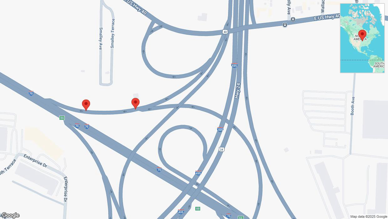 A detailed map that shows the affected road due to 'Broken down vehicle on the East US Highway 40 in Kansas City' on April 10th at 12:06 p.m.