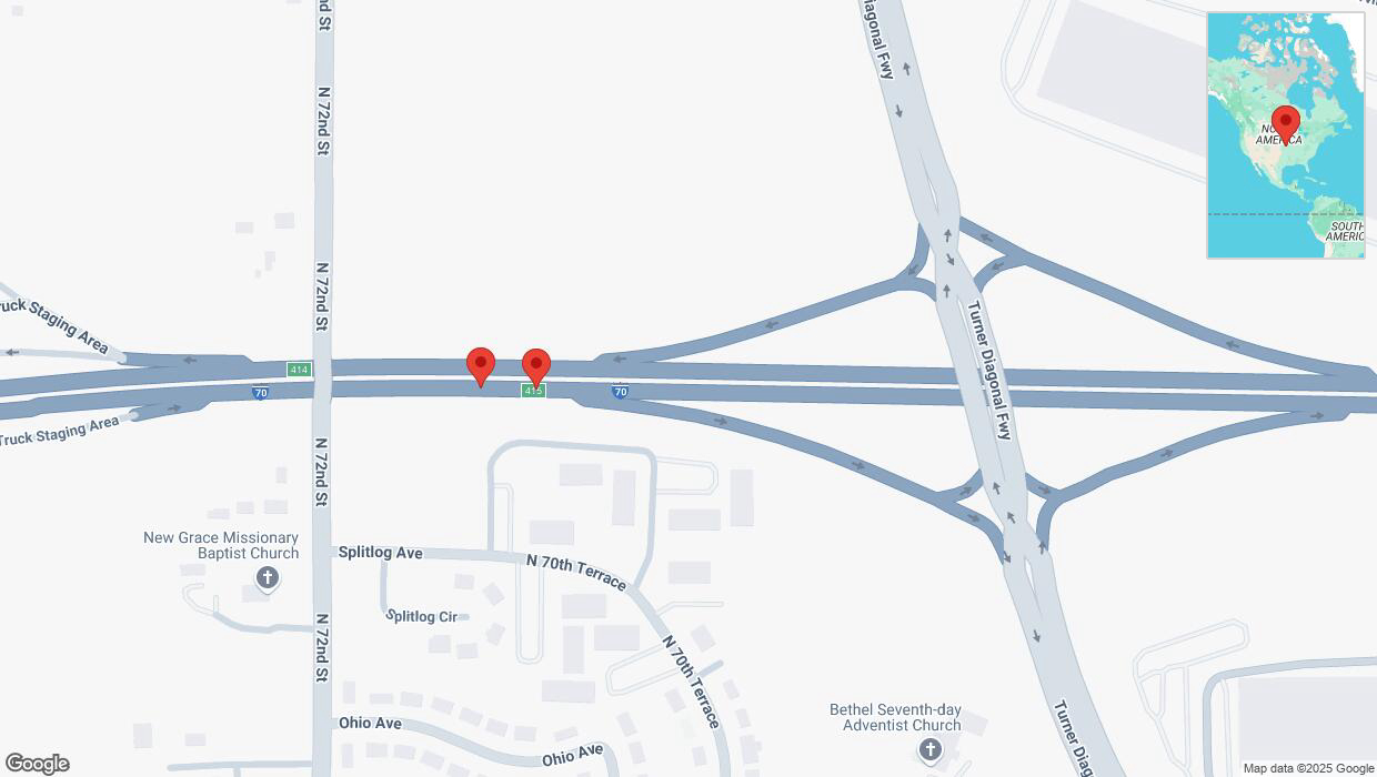 A detailed map that shows the affected road due to 'Broken down vehicle on eastbound I-70 in Kansas City' on April 10th at 12:17 p.m.