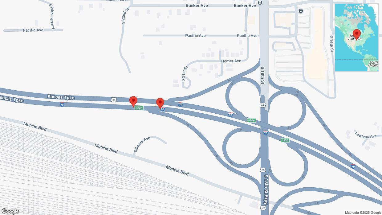 A detailed map that shows the affected road due to 'Broken down vehicle on eastbound I-70 in Kansas City' on April 10th at 12:46 p.m.