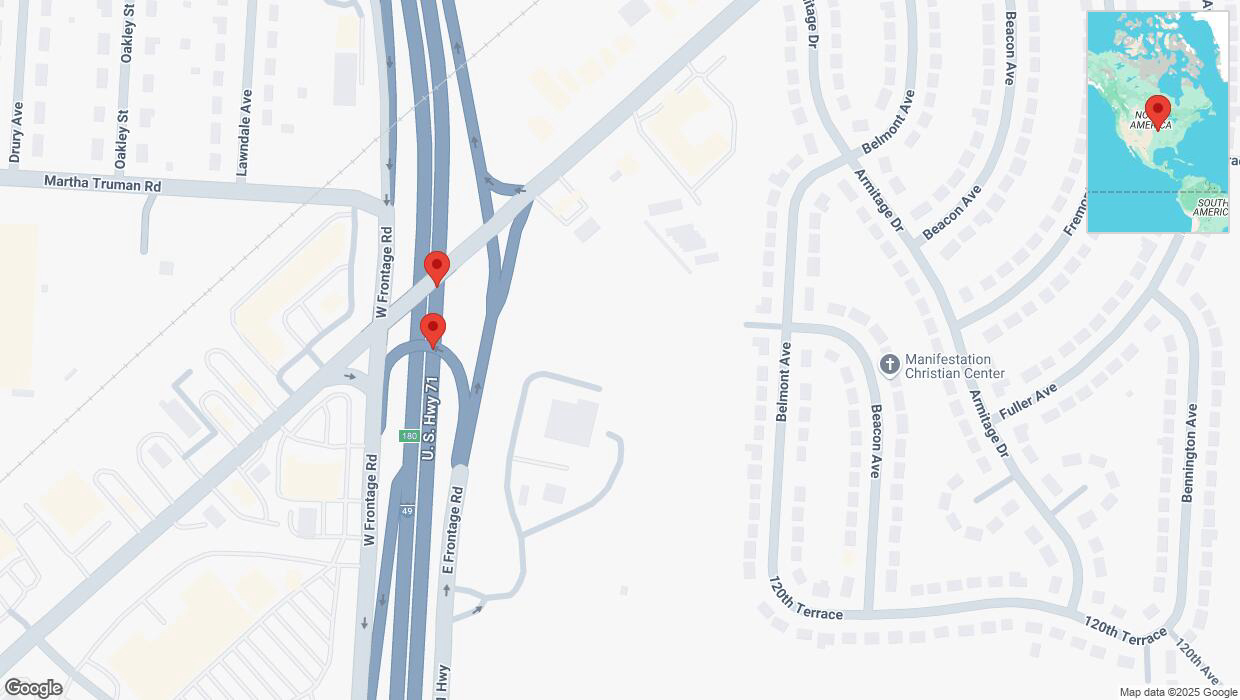 A detailed map that shows the affected road due to 'Broken down vehicle on northbound I-40/US-71 in Grandview' on April 10th at 12:52 p.m.