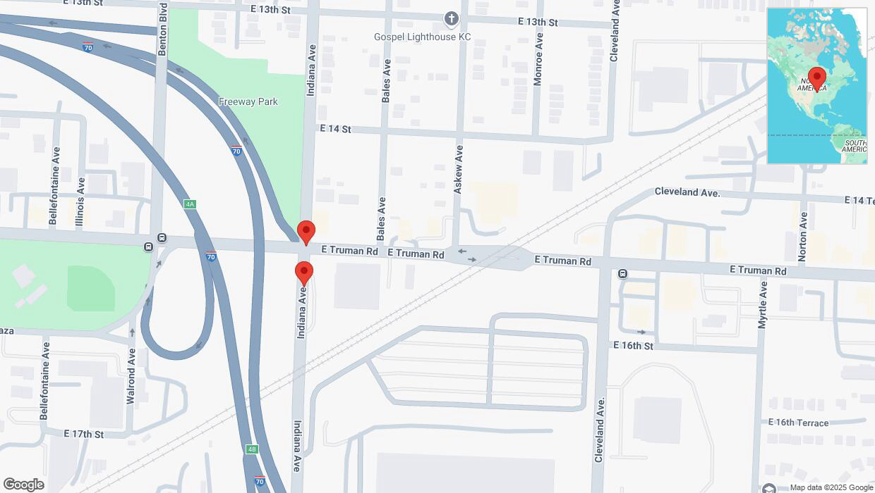 A detailed map that shows the affected road due to 'East Truman Road temporarily closed in Kansas City' on April 10th at 1:38 p.m.