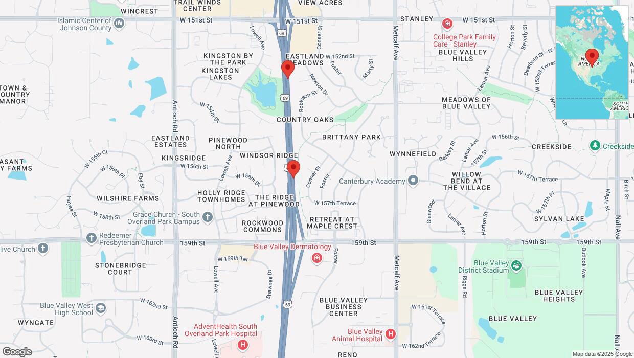 A detailed map that shows the affected road due to 'Broken down vehicle on northbound US-69 in Overland Park' on April 10th at 3:31 p.m.