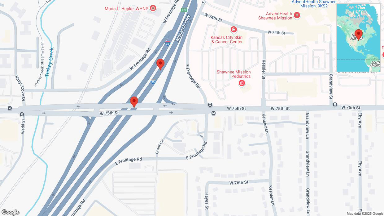 A detailed map that shows the affected road due to 'Broken down vehicle on eastbound I-35 in Overland Park' on April 10th at 5:40 p.m.