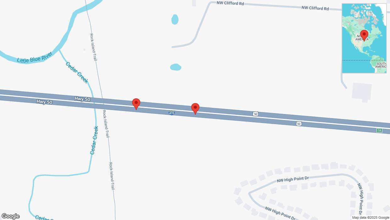 A detailed map that shows the affected road due to 'Broken down vehicle on eastbound I-470 in Lee's Summit' on April 10th at 5:23 p.m.