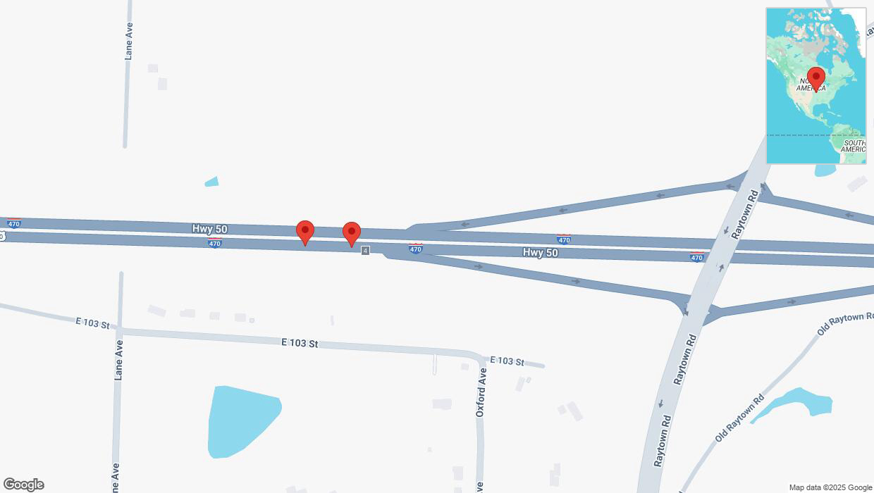 A detailed map that shows the affected road due to 'Broken down vehicle on eastbound I-470 in Kansas City' on April 10th at 5:29 p.m.