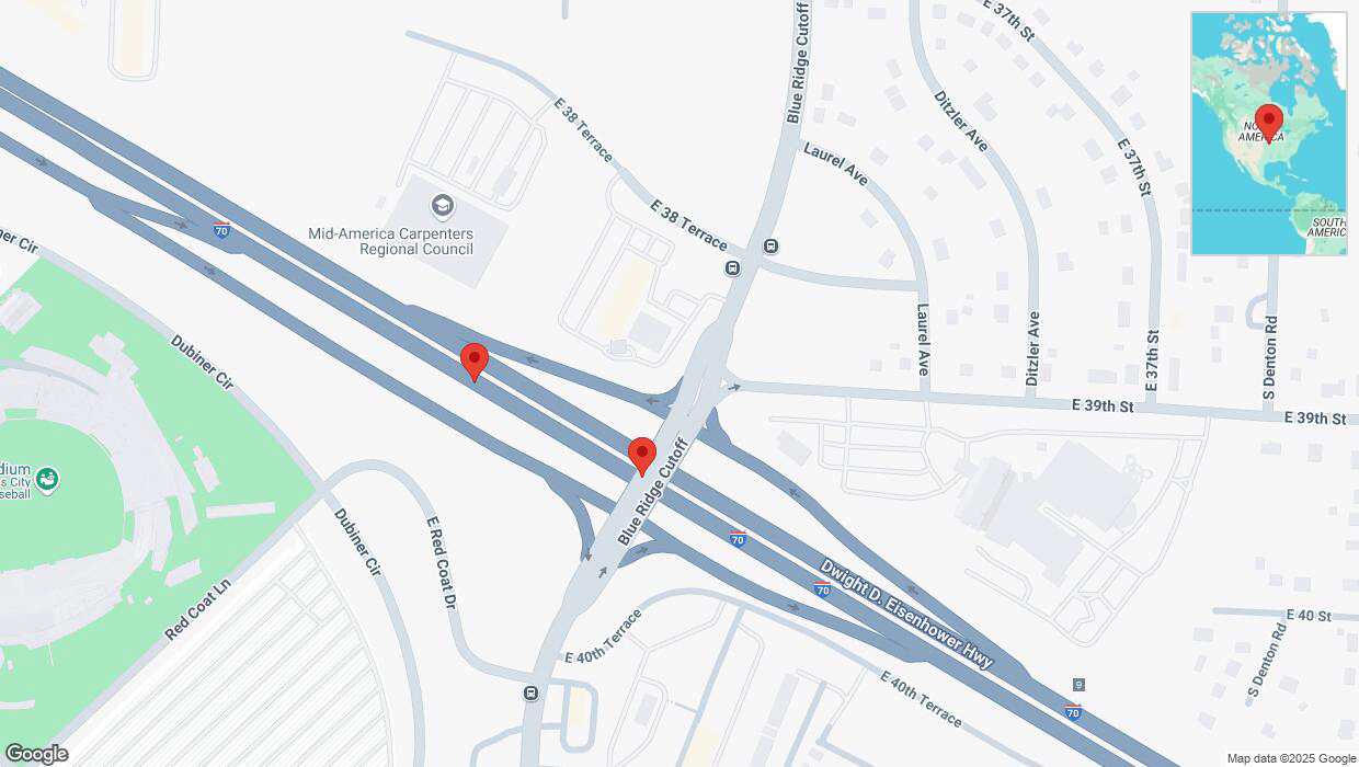 A detailed map that shows the affected road due to 'Broken down vehicle on eastbound I-70 in Kansas City' on April 10th at 6:27 p.m.