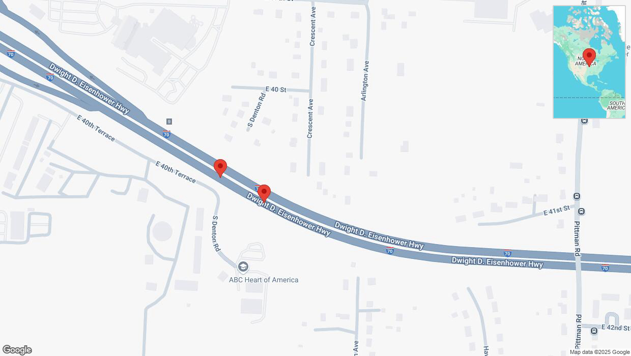 A detailed map that shows the affected road due to 'Broken down vehicle on eastbound I-70 in Kansas City' on April 10th at 6:27 p.m.