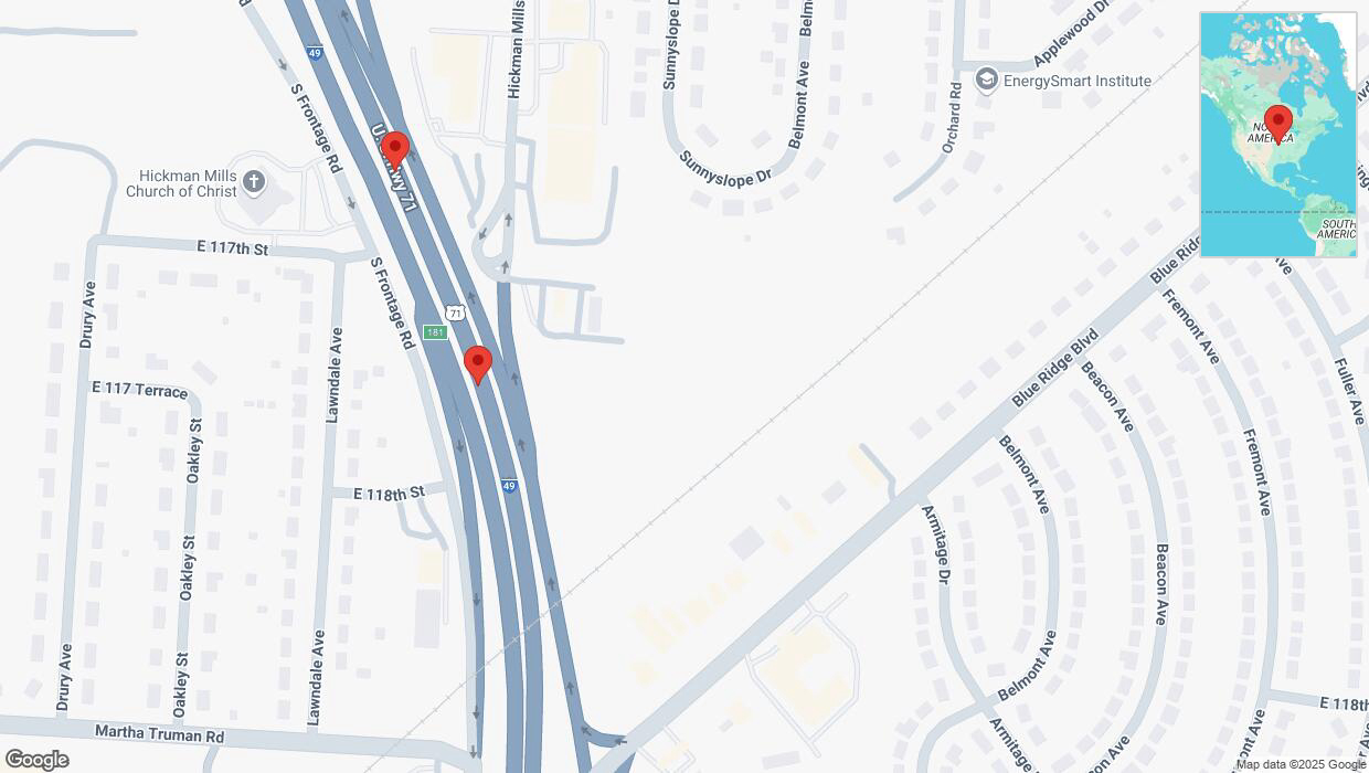 A detailed map that shows the affected road due to 'Broken down vehicle on northbound I-40/US-71 in Kansas City' on April 10th at 8:46 p.m.