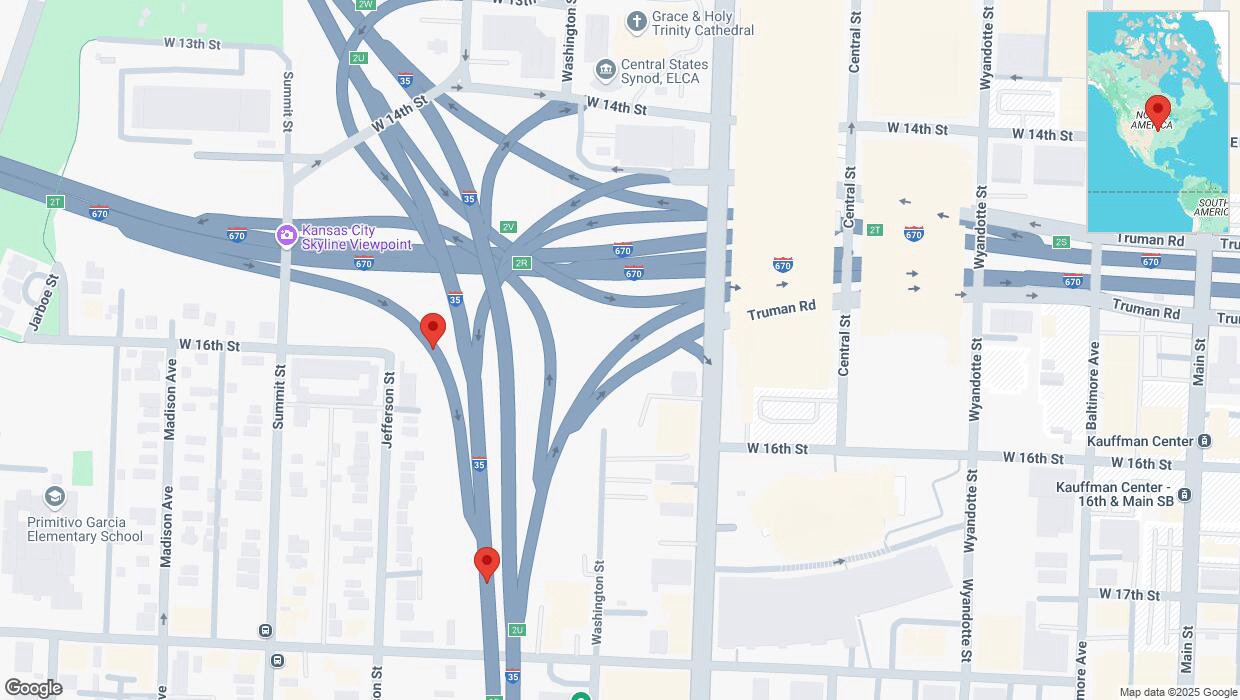 A detailed map that shows the affected road due to 'Broken down vehicle on Jefferson Street in Kansas City' on April 10th at 7:39 p.m.