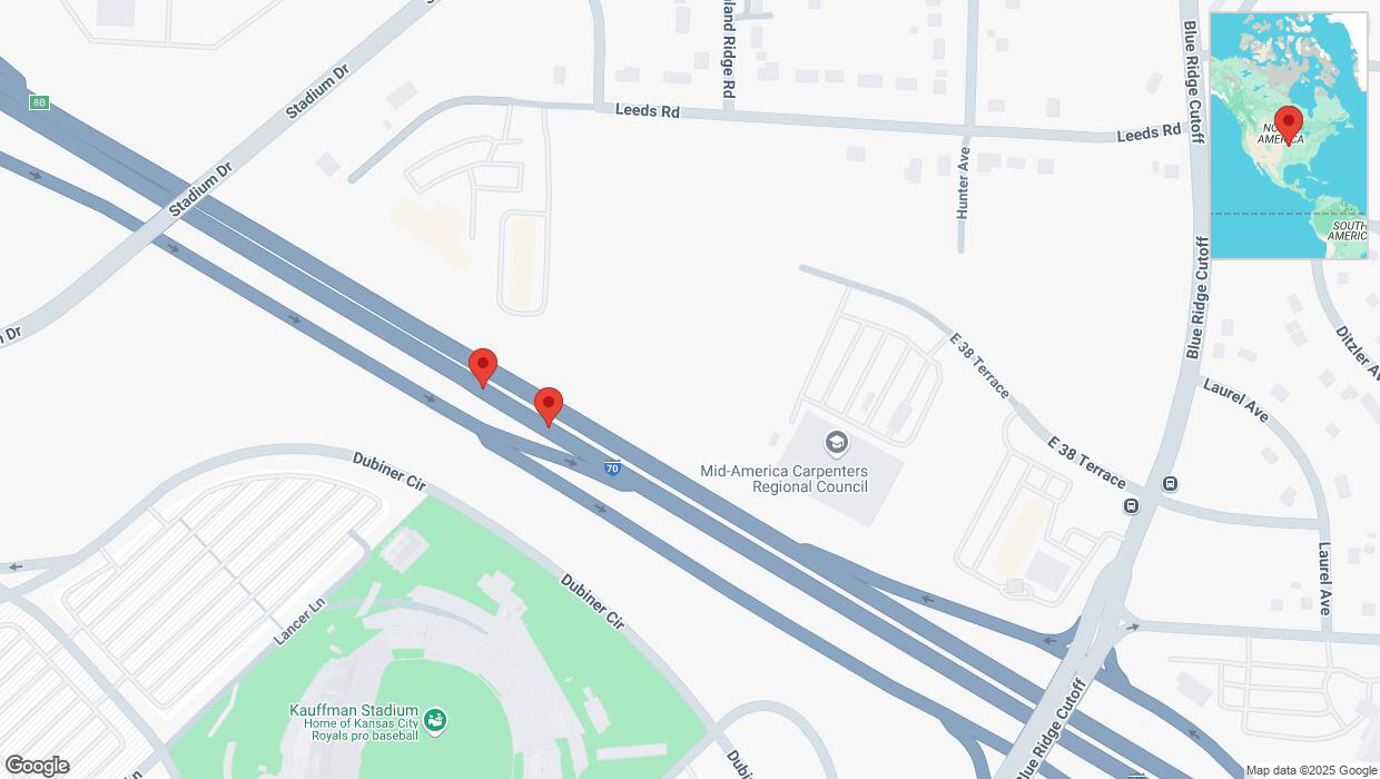 A detailed map that shows the affected road due to 'Broken down vehicle on eastbound I-70 in Kansas City' on April 10th at 8:23 p.m.