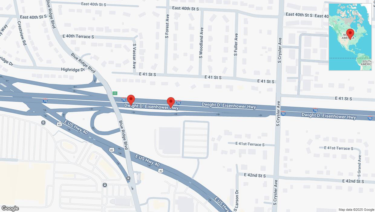A detailed map that shows the affected road due to 'Broken down vehicle on eastbound I-70 in Independence' on April 10th at 11:26 p.m.