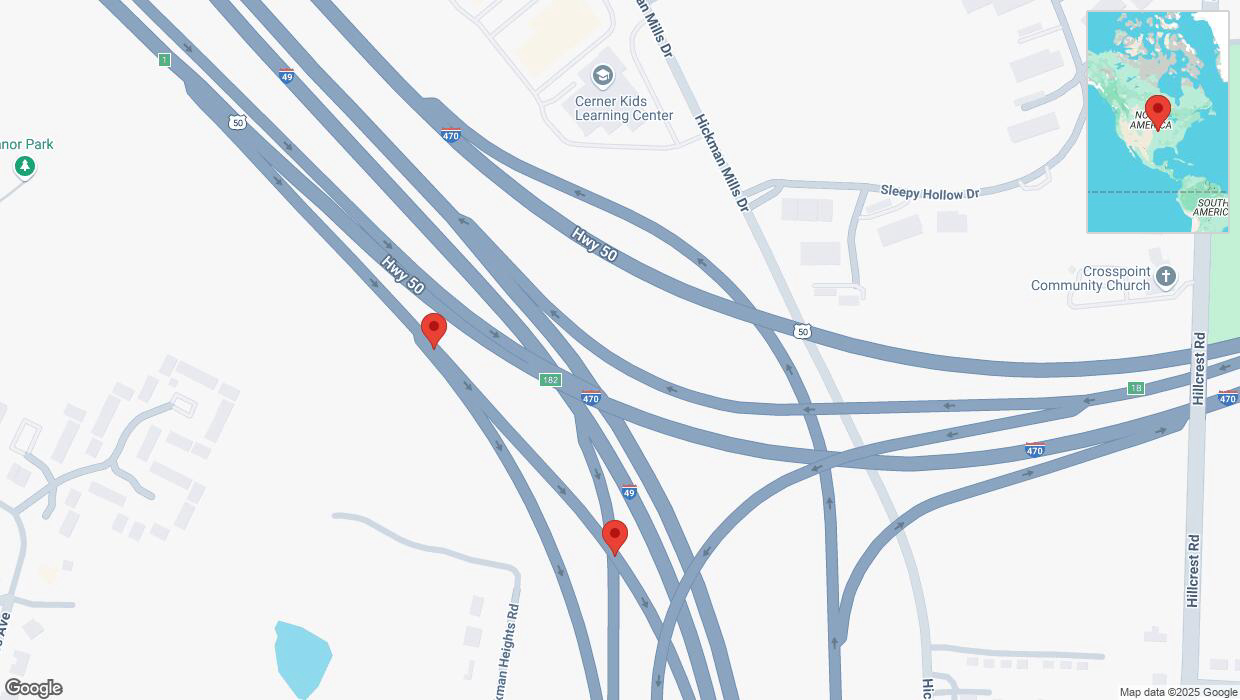 A detailed map that shows the affected road due to 'Broken down vehicle on Highway 50 in Kansas City' on April 11th at 12:44 a.m.