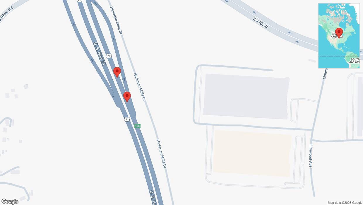 A detailed map that shows the affected road due to 'Broken down vehicle on northbound I-40/US-71 in Kansas City' on April 11th at 6:04 a.m.