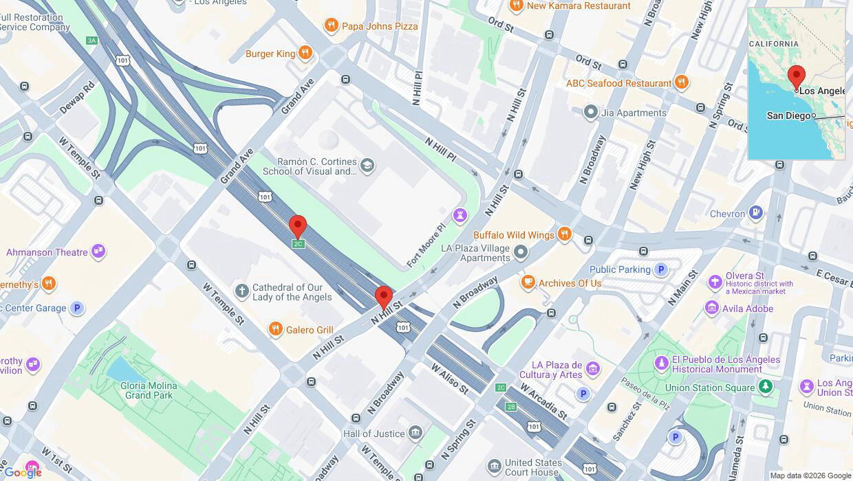 A detailed map that shows the affected road due to 'Crash reported on southbound Hwy. 101 in Los Angeles' on June 25th at 12:21 a.m.