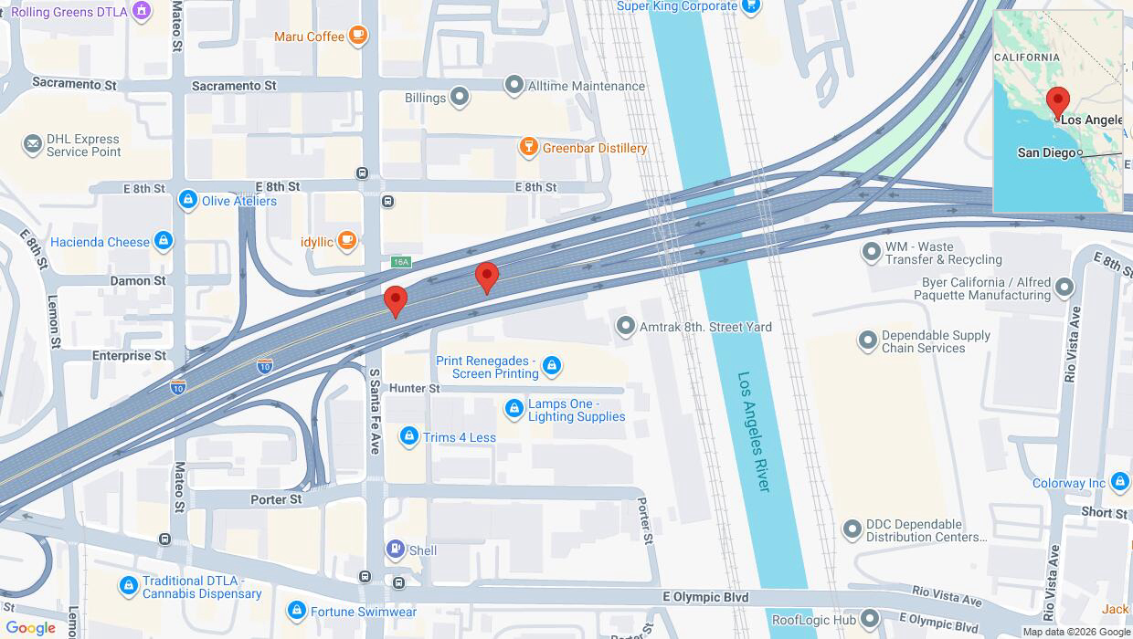 A detailed map that shows the affected road due to 'Danger due to object on eastbound I-10 in Los Angeles' on June 25th at 3:23 a.m.
