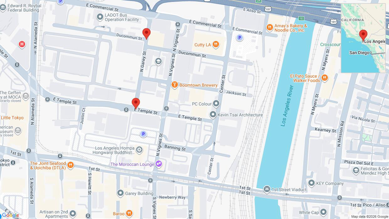 A detailed map that shows the affected road due to 'East Temple Street temporarily closed in Los Angeles' on June 25th at 1:59 a.m.