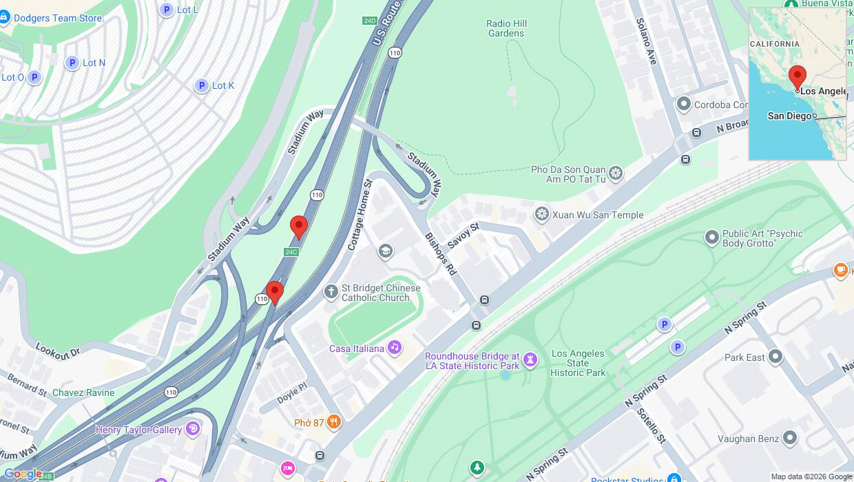 A detailed map that shows the affected road due to 'Danger due to object on Hill Street exit 24C in Los Angeles' on June 25th at 2:10 a.m.
