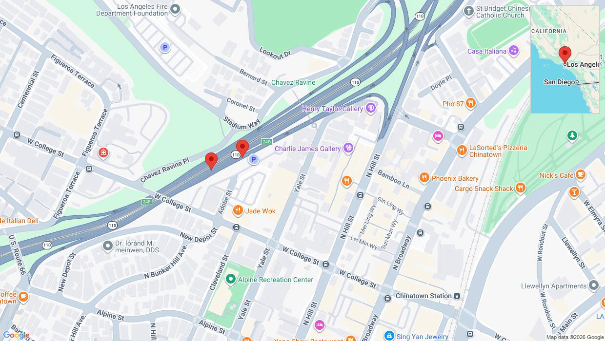 A detailed map that shows the affected road due to 'Warning in Los Angeles: Crash reported on Hill Street exit 24B' on June 25th at 3:28 a.m.