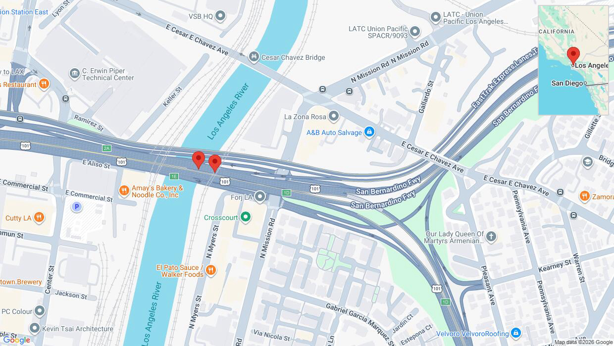 A detailed map that shows the affected road due to 'Danger due to object on northbound Highway 101 in Los Angeles' on June 25th at 5:37 a.m.