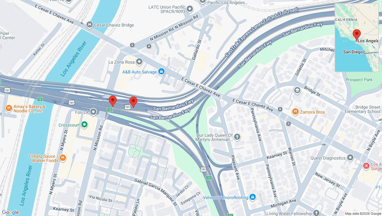 A detailed map that shows the affected road due to 'Crash reported on northbound Hwy. 101 in Los Angeles' on June 25th at 3:54 a.m.