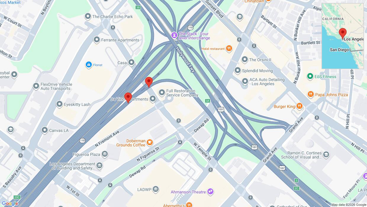 A detailed map that shows the affected road due to 'Danger due to object on West Temple Street in Los Angeles' on June 25th at 4:56 a.m.
