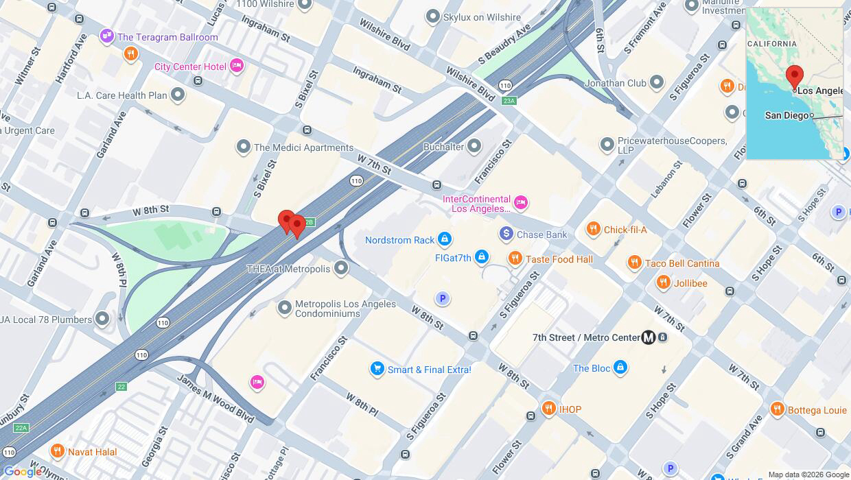 A detailed map that shows the affected road due to 'Danger due to object on West Eighth Street in Los Angeles' on June 25th at 7:31 a.m.