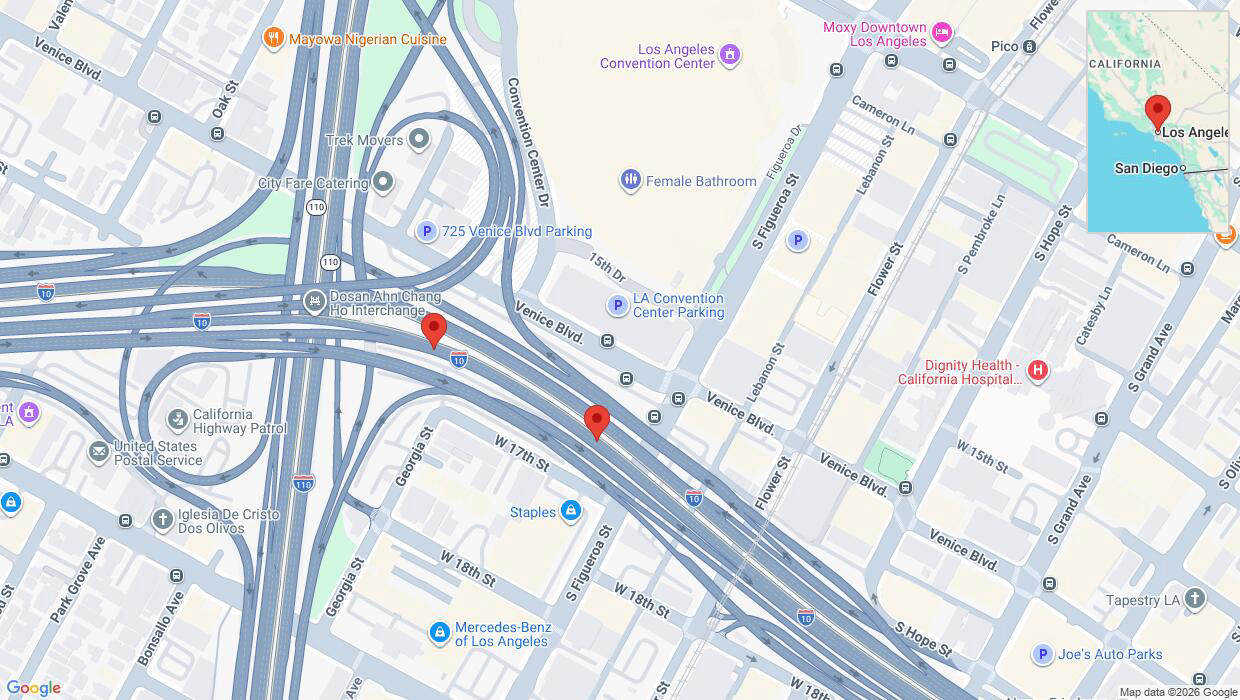 A detailed map that shows the affected road due to 'Danger due to object on eastbound I-10 in Los Angeles' on June 25th at 9:47 a.m.