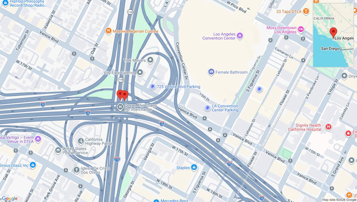 A detailed map that shows the affected road due to 'Warning: Crash on westbound I-10 in Los Angeles' on June 25th at 10:29 a.m.