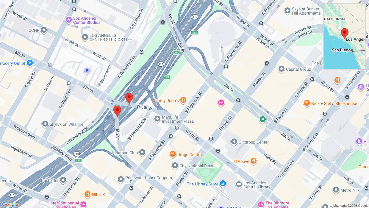 A detailed map that shows the affected road due to 'Warning in Los Angeles: Crash reported on southbound CA-110' on August 10th at 5:56 a.m.