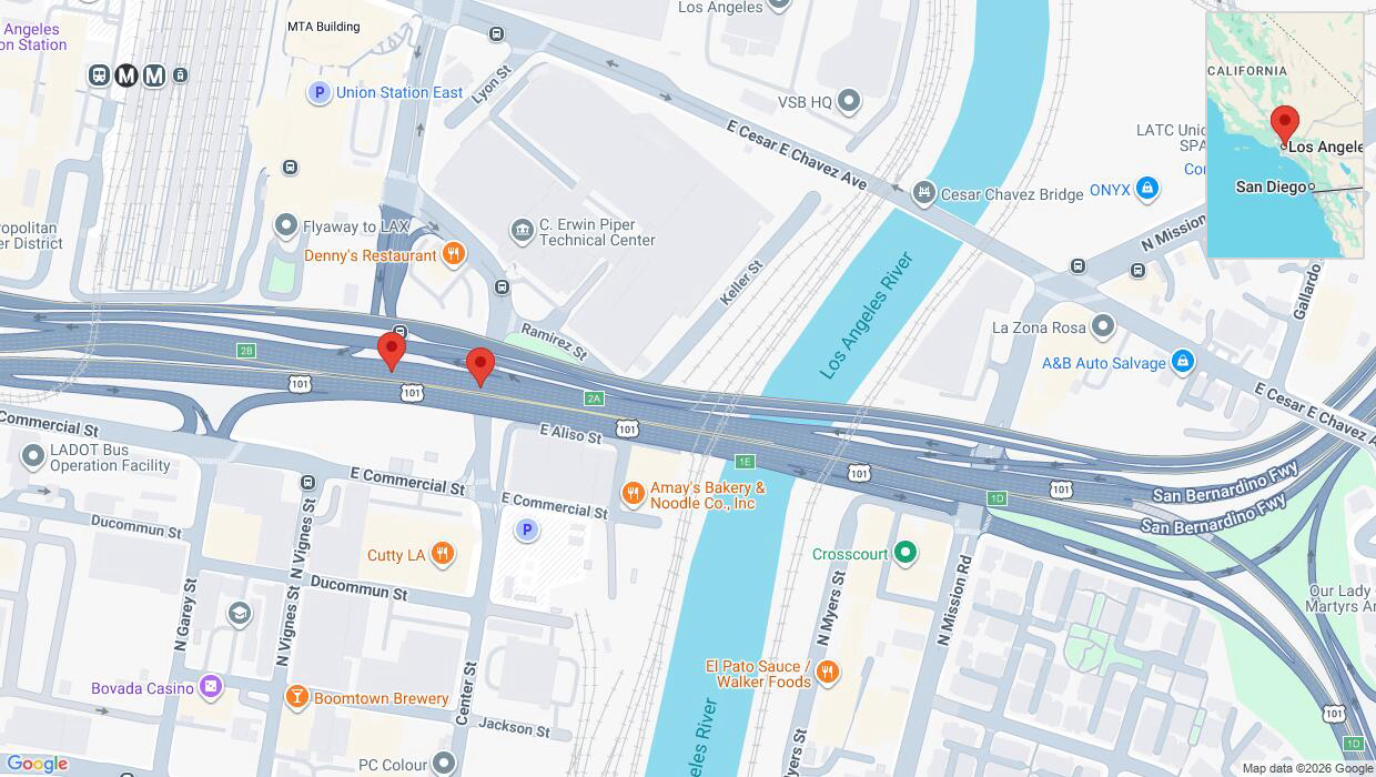A detailed map that shows the affected road due to 'Danger due to object on northbound Highway 101 in Los Angeles' on August 10th at 9:16 a.m.