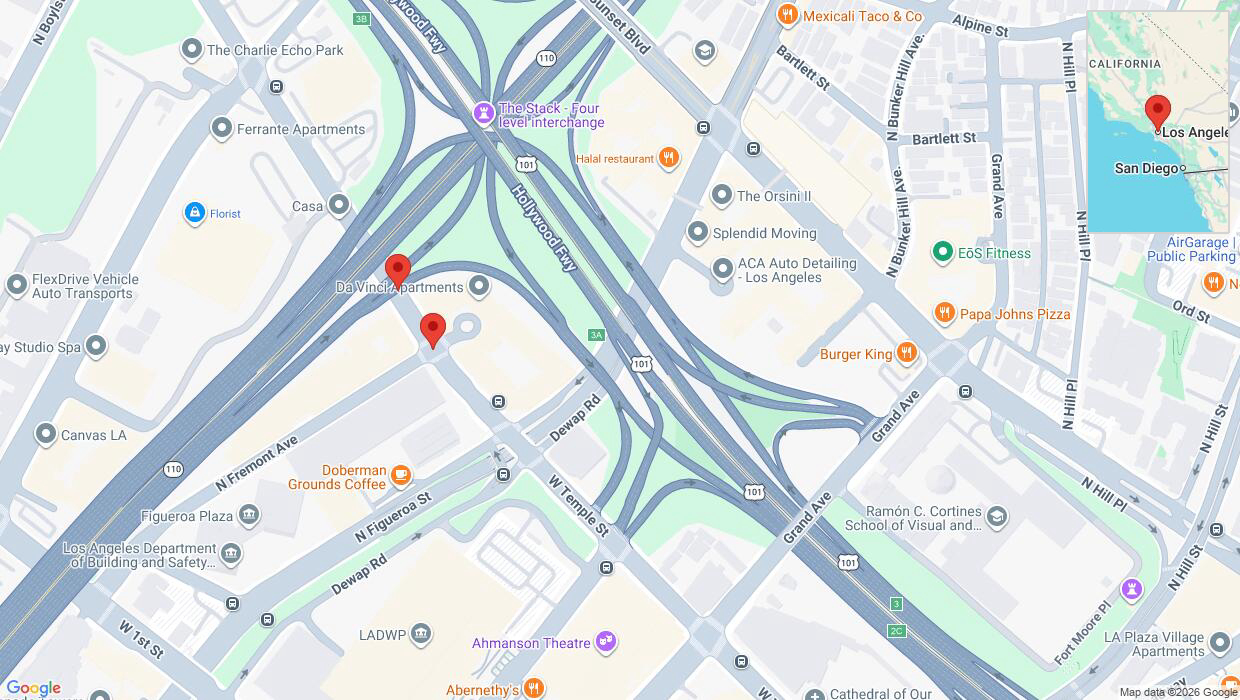 A detailed map that shows the affected road due to 'Reports of a crash in Los Angeles' on August 10th at 4:54 a.m.