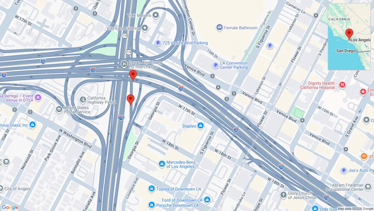 A detailed map that shows the affected road due to 'Grass fire on Georgia Street in Los Angeles' on August 10th at 3:34 p.m.