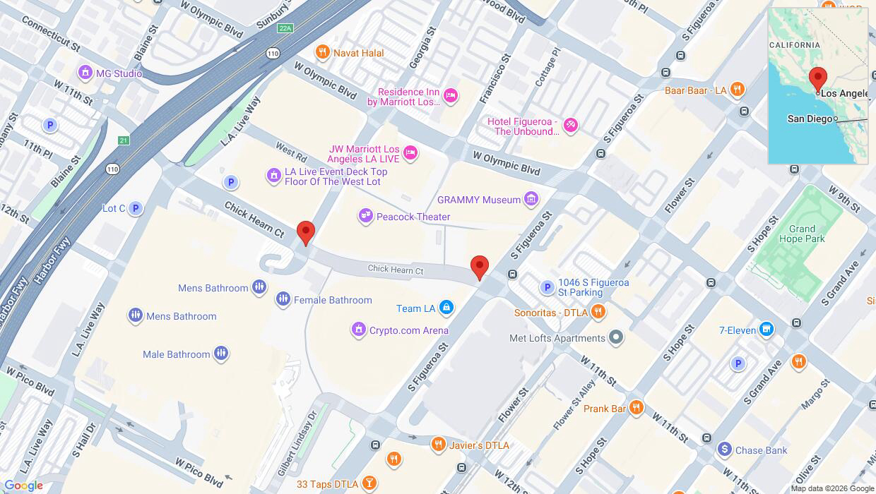A detailed map that shows the affected road due to 'Chick Hearn Court temporarily closed in Los Angeles' on August 10th at 4:28 p.m.