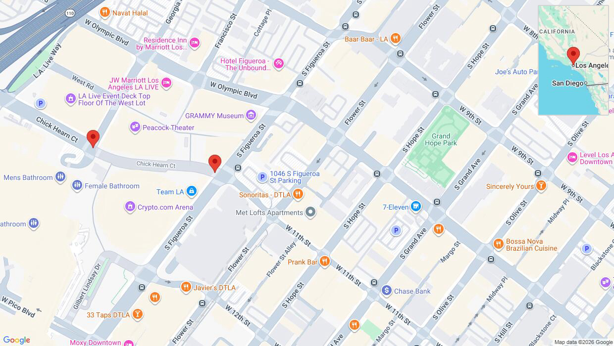 A detailed map that shows the affected road due to 'Chick Hearn Court closed in Los Angeles' on August 10th at 4:28 p.m.