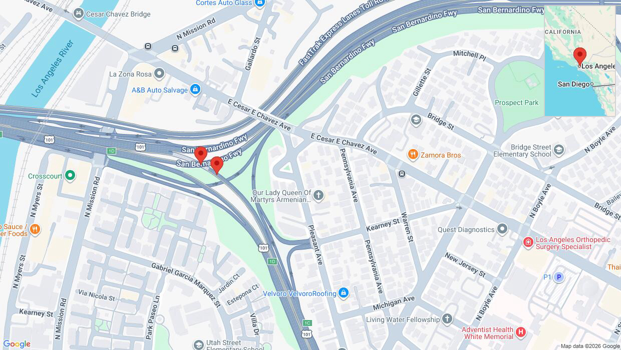 A detailed map that shows the affected road due to 'Danger due to object on northbound Highway 101 in Los Angeles' on August 10th at 4:32 p.m.