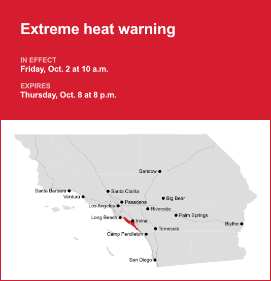 Extreme heat warning for Orange County Coast from Friday to Thursday