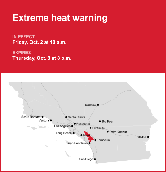 Extreme heat warning in place for Santa Ana Mountains from Friday to Thursday