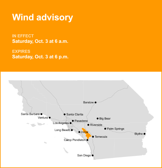 Wind advisory for Santa Ana Mountains/Foothills for Saturday