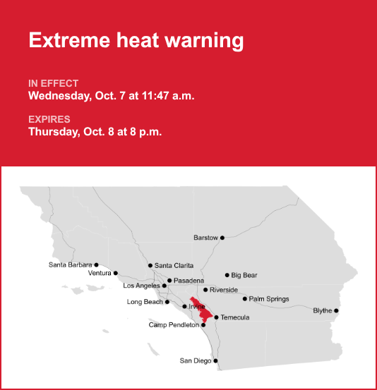 Extreme heat warning for Santa Ana Mountains until Thursday evening