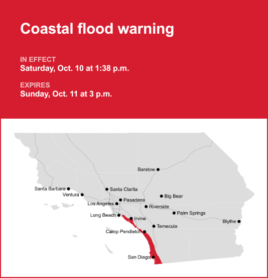 Coastal flood warning active for Orange County Coast and San Diego County Coastal Areas until Sunday afternoon